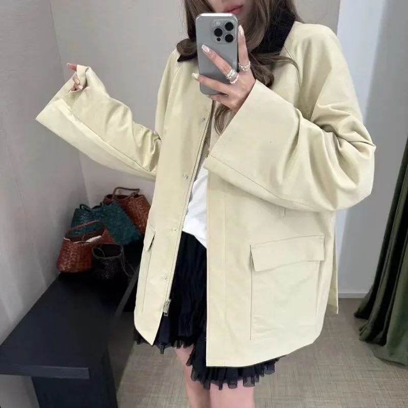 

2025 New color-blocking corduroy collar trench coat, multi-pocket workwear-style jacket, retro-style neutral jacket top