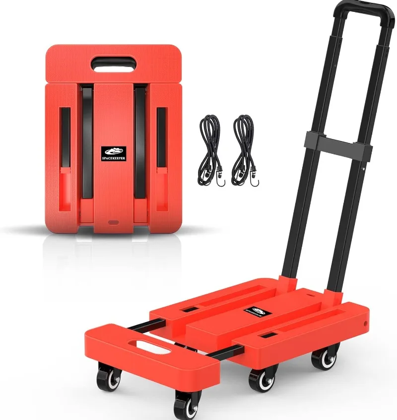 

SPACEKEEPER Folding Hand Truck, 500 LB Heavy Duty Luggage Cart, Utility Dolly Platform Cart with 6 Wheels & 2 Elastic Ropes