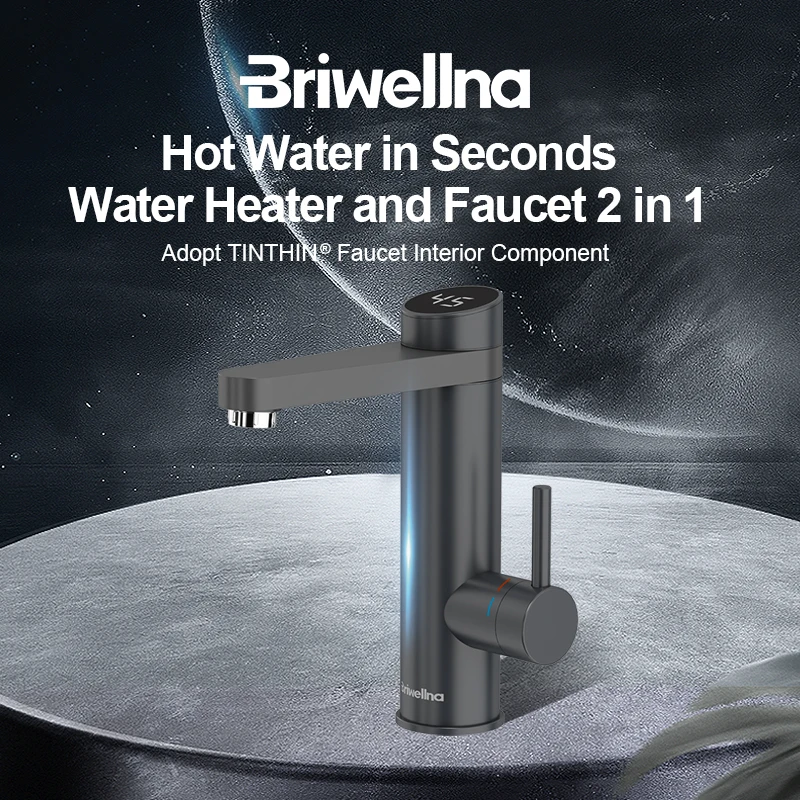 Briwellna Stainless Steel Electric Faucet With Digital Display 220V Instant Hot Water Tap Faucet 120° Swivel Spout Heating Tap