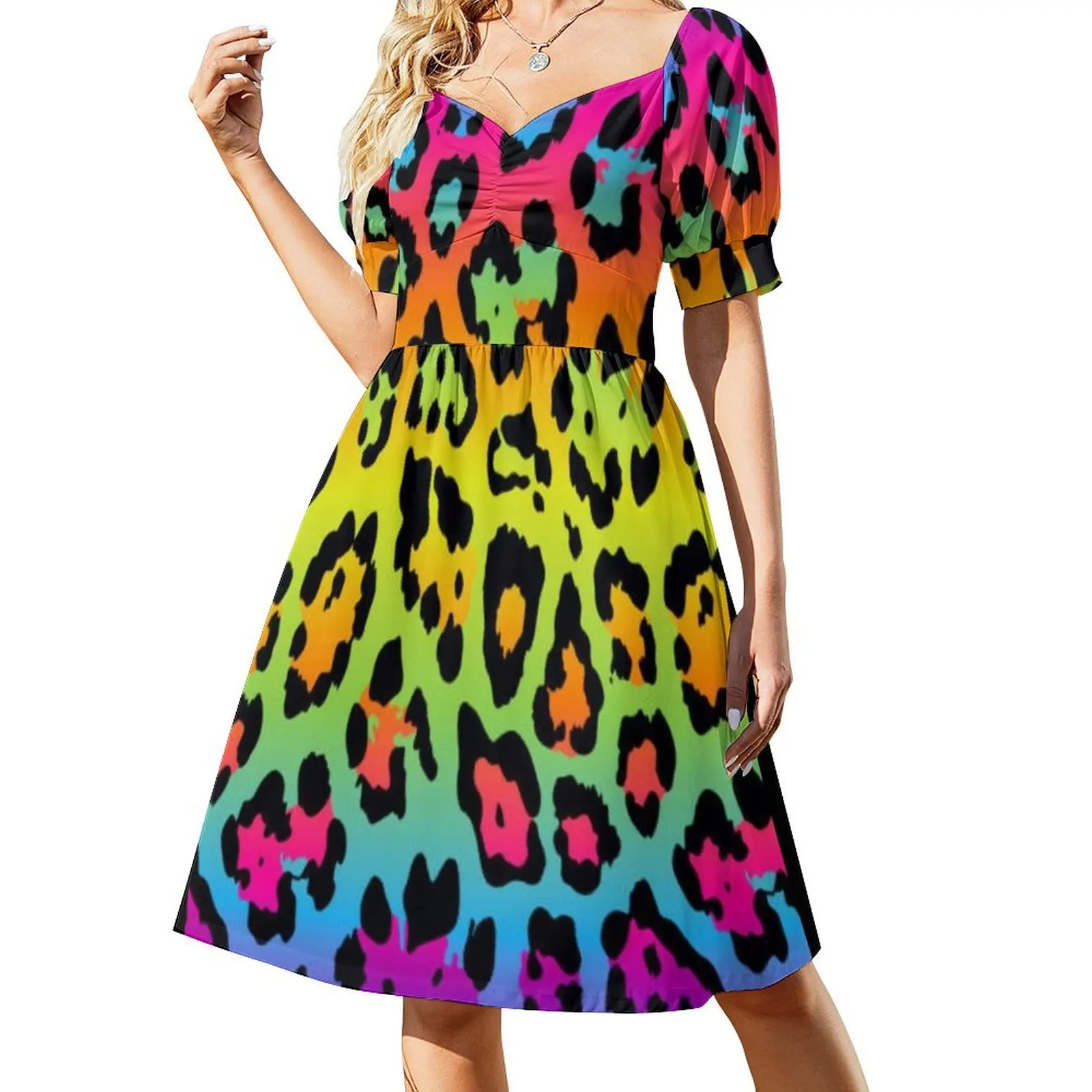 

Rainbow Leopard Print Short Sleeved Dress evening dress ladies Women's clothing Dress