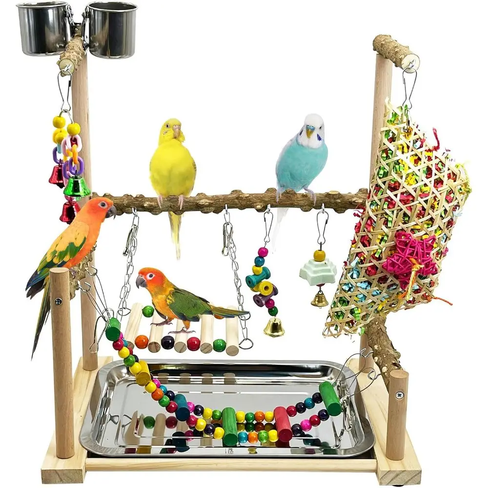 

Play Stand for Birds: Jungle Gym with Chew Toys, Feeder Cups, and Swings for Conure, Cockatiel, Lovebird, and Budgie