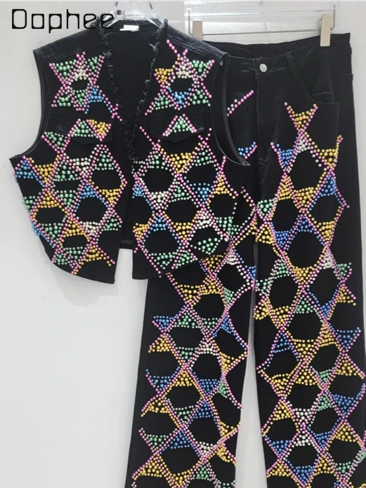 

European American Personality Street Frayed Sleeveless Vest + Straight Elastic Denim Pants Fashion Colorful Beaded Denim Sets