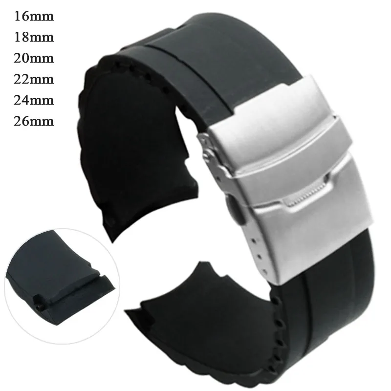 16mm 18mm 20mm 22mm 24mm 26mm Silicone Watch Strap Men Women Waterproof  Folding Buckle Bracelet Curved End Rubber Watch Band