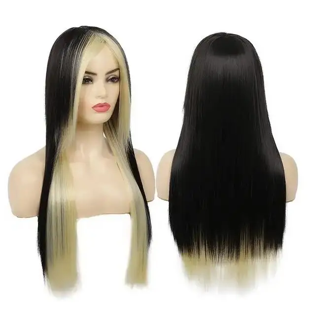 Cabelo comprido sintético com franja lateral para mulheres, vermelho, preto, reto, resistente ao calor, fantasia de Halloween