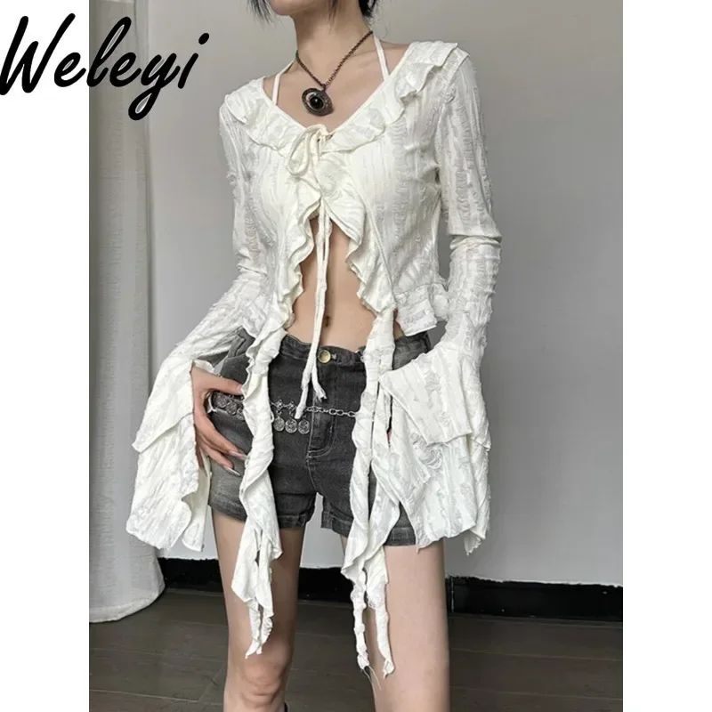 

American Retro Jirai Kei Shirts Tops Ropa Mujer Autumn New Make Old Ripped Special Interest Design V Neck Flounce Bandage Blusas