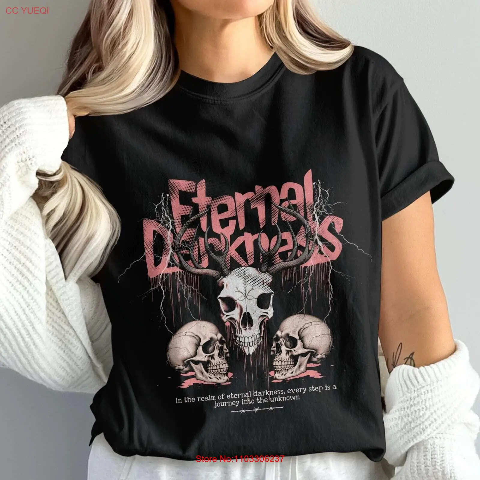 Eternal Darkness Skull Antlers Graphic Tee, Spooky Gothic Design Tshirt, Edgy Ha