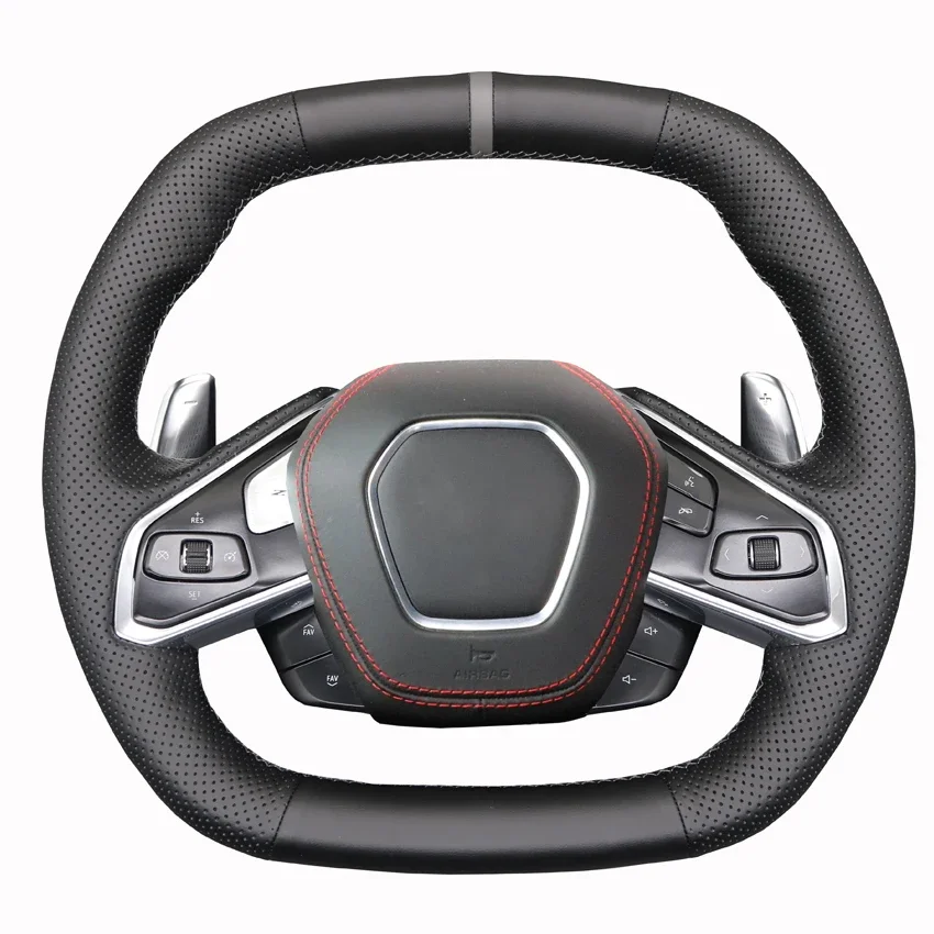 Black Faux Leather Car Steering Wheel Cover For Chevrolet (Chevy) Corvette C8 Stingray Z06 2020-2024