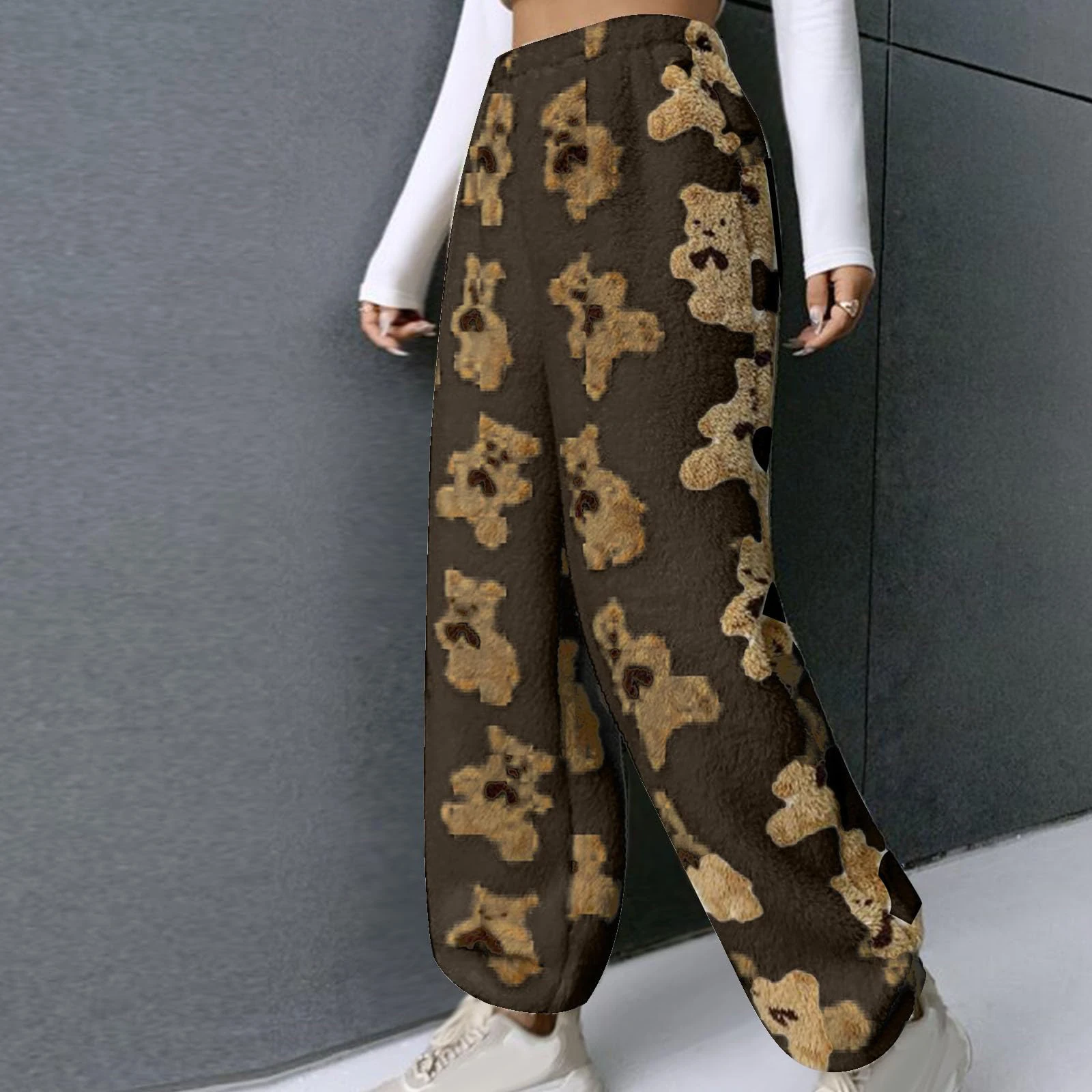 Women's Cute Bear Plush Pajama Pants, Winter Soft Fleece-lined Pajama Trousers,Warm Comfortable Plush Pants,Home Casual Pants