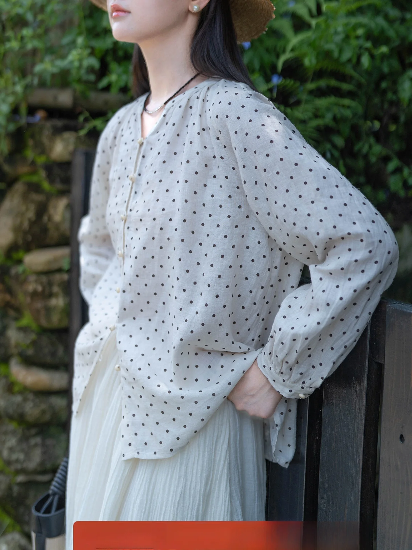 

Original Han Haax Polka Dot Print Anti-Aging Bubble Sve irt 0036 Pieces Casual V-Ne Long Sve Loose Fit Women's ...