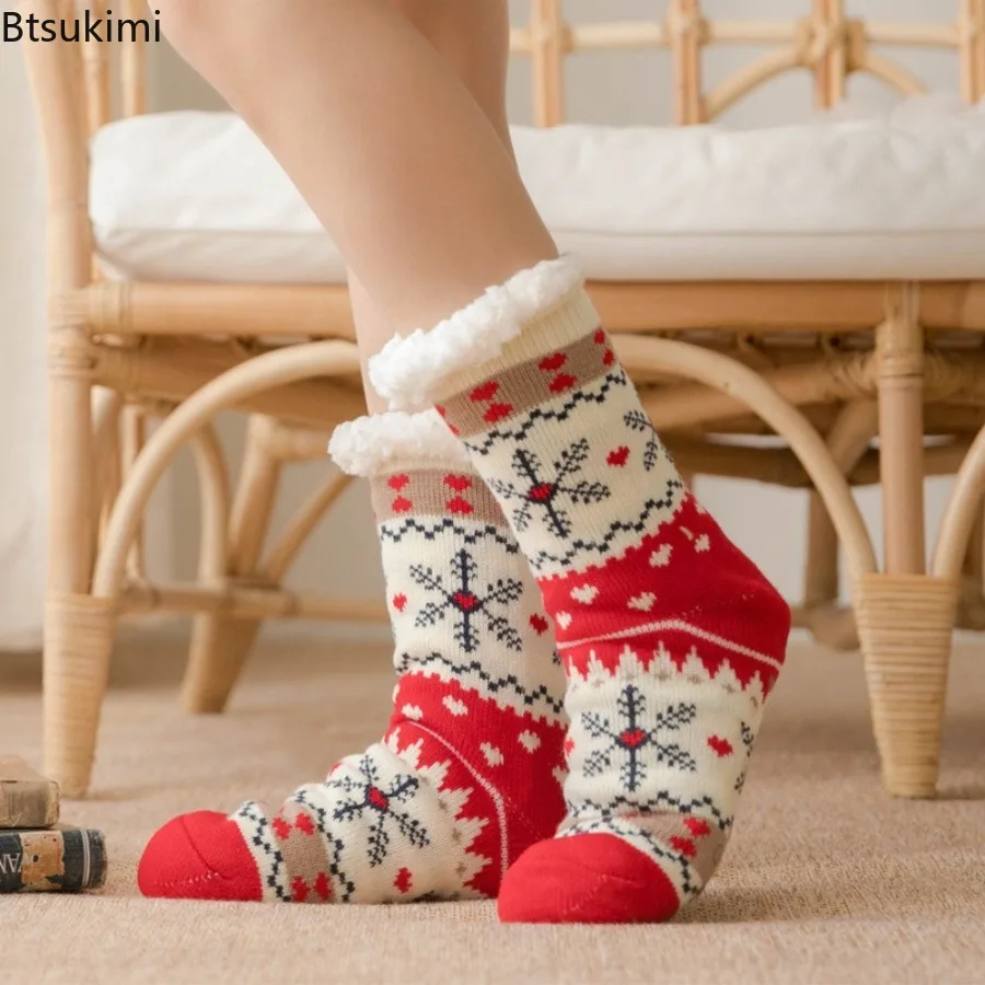 

2025 Winter Warm Christmas Floor Socks Women's Velvet Home Sleeping Carpet Anti Slip Snow Slippers Socks Fuzzy Fluffy Deer Elk