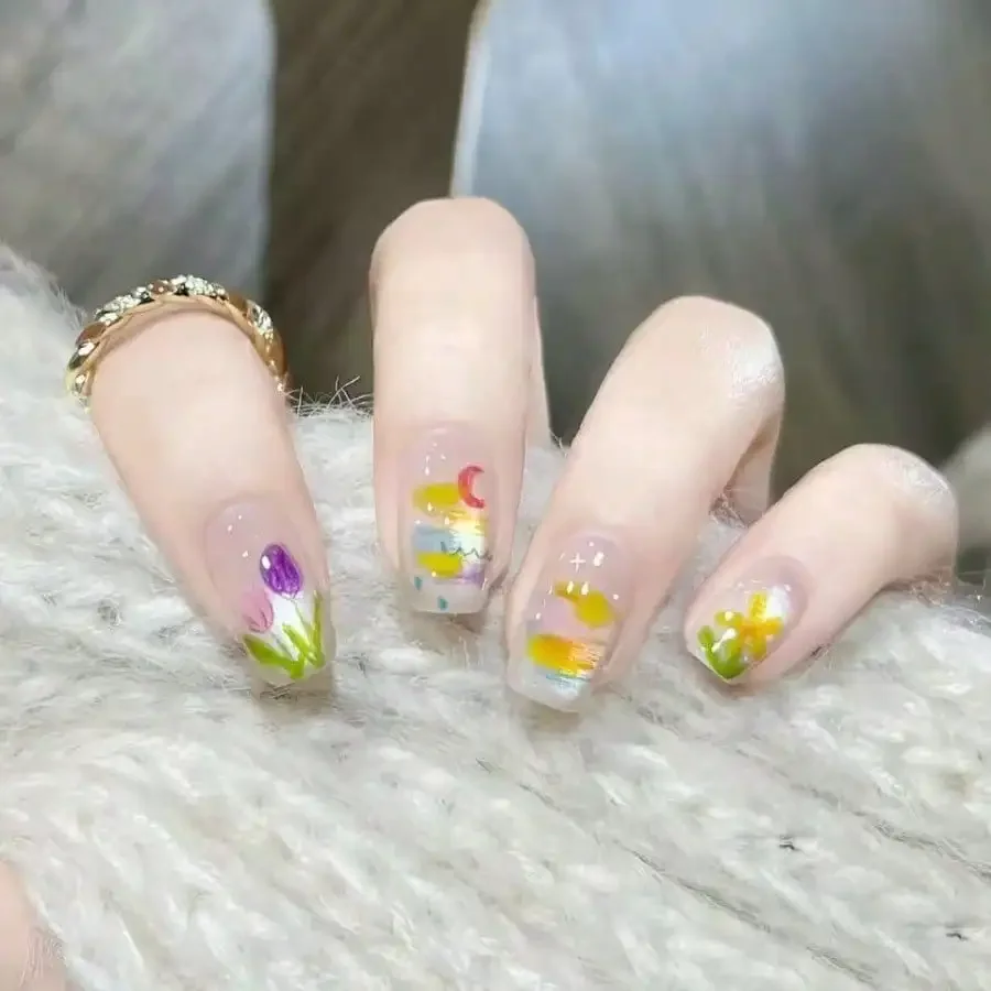 

24Pcs Dopamine Cat Eye Nail Stickers, Short Nails, Tulip Floral, Reusable Easy Apply, For Girls Party Daily, Free Shipping