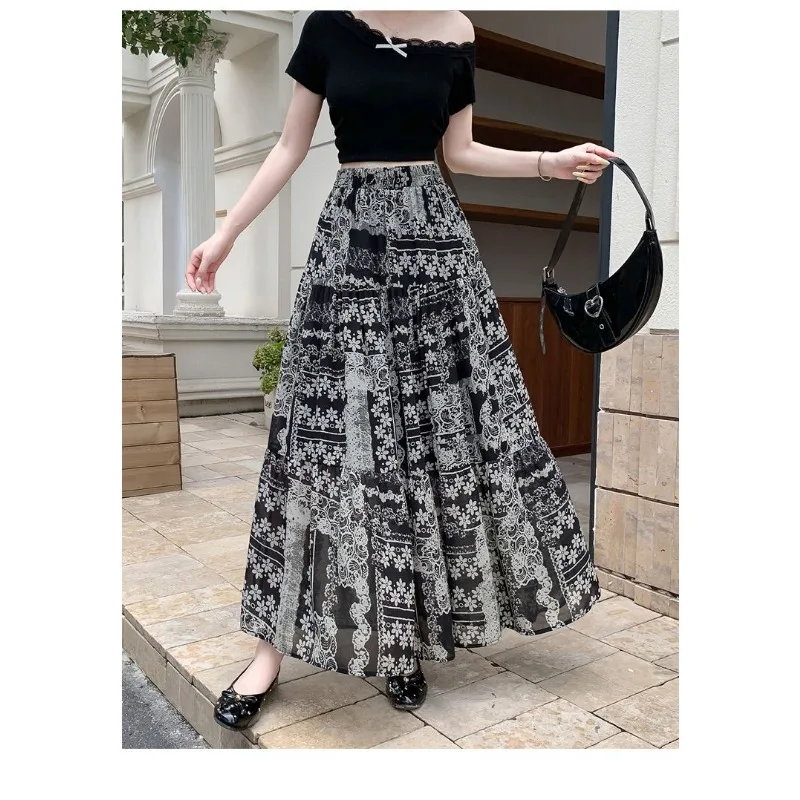 هاواي بطانة مرنة الشيفون نصف تنورة حزام الخصر التخسيس الصيف أزياء نصف تنورة تنورة عالية الخصر الكورية تنوعا #3