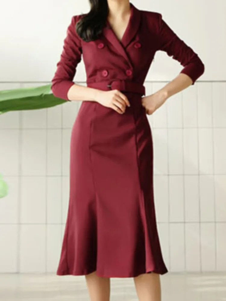 New Elegant Chic Office Women Dress Spring Long Sleeve Solid Vintage Business Belted Vestidos Female Clothes Long Party Robe