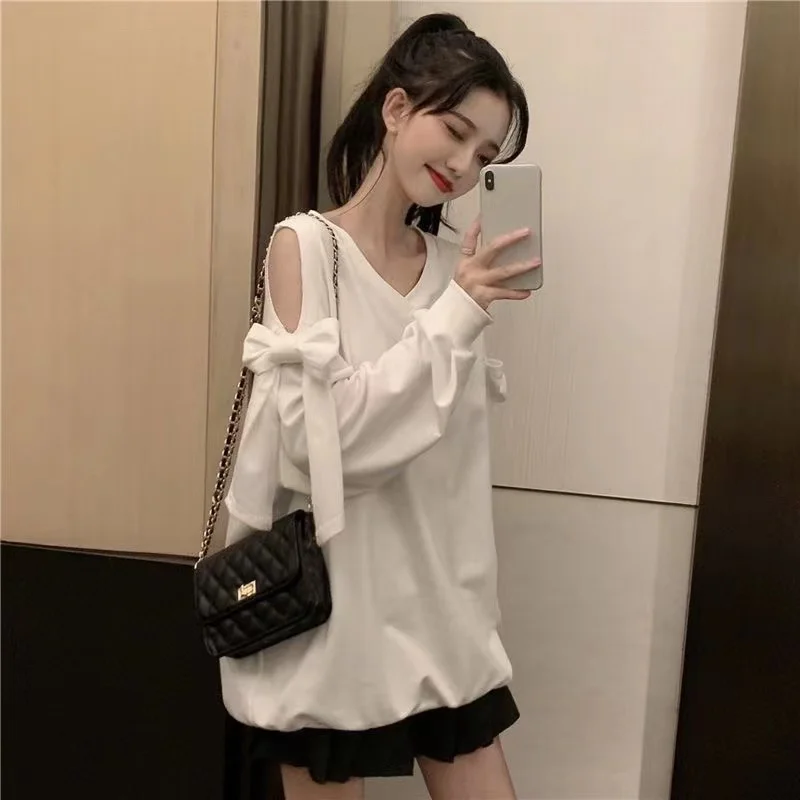 skeleton liberally V-neck Lace-up bow women pullover 2024 summer Korean edition Off Shoulder blouse Cotton women\'s lace-up top