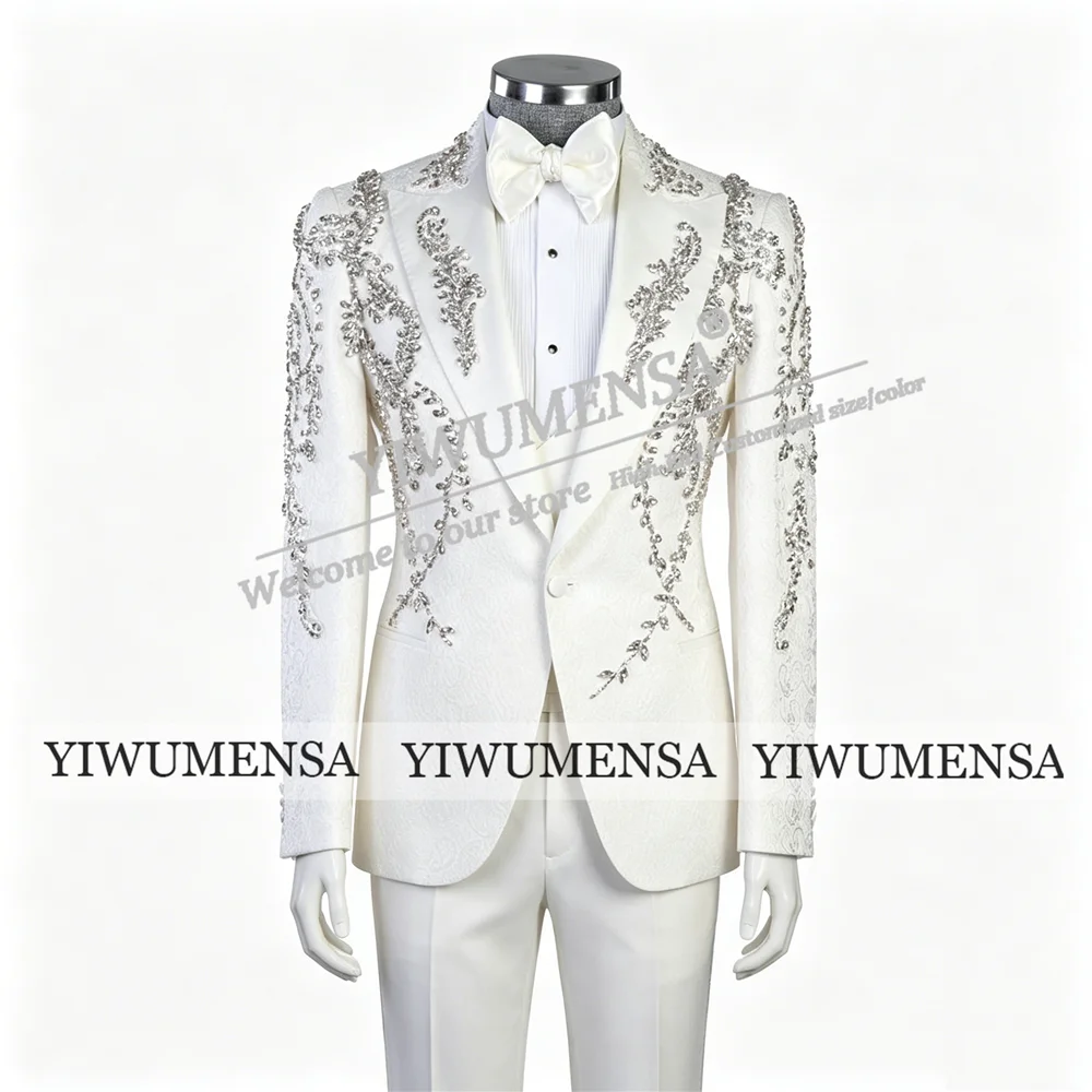 Exclusive Jewelry Stones Wedding Suits For Man Peaked Label Prom Blazers Customized 3 Pieces Sets Groom Tuxedos Slim Fit Outfits