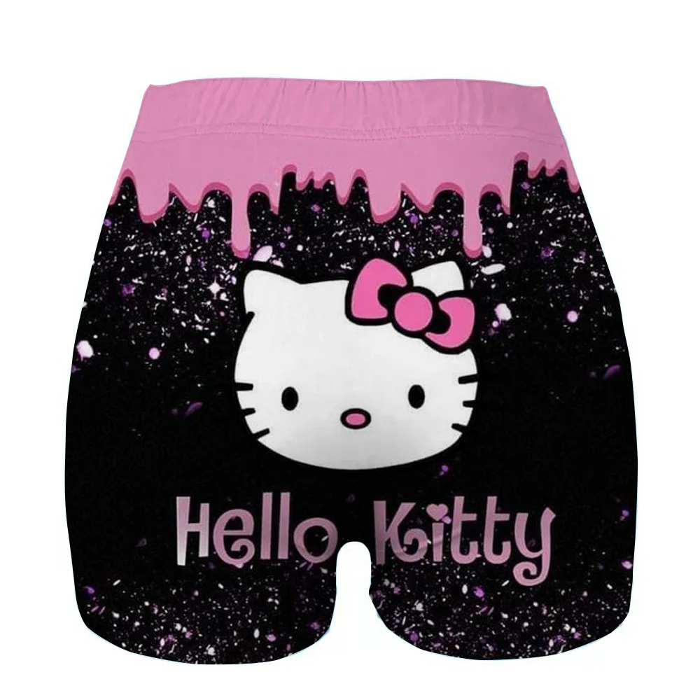 여성 여름 신상 캔디 컬러 안티 헬로키티 프린트 스키니 반바지 캐주얼 여성용 밴딩 허리 비치 코렌도 반바지