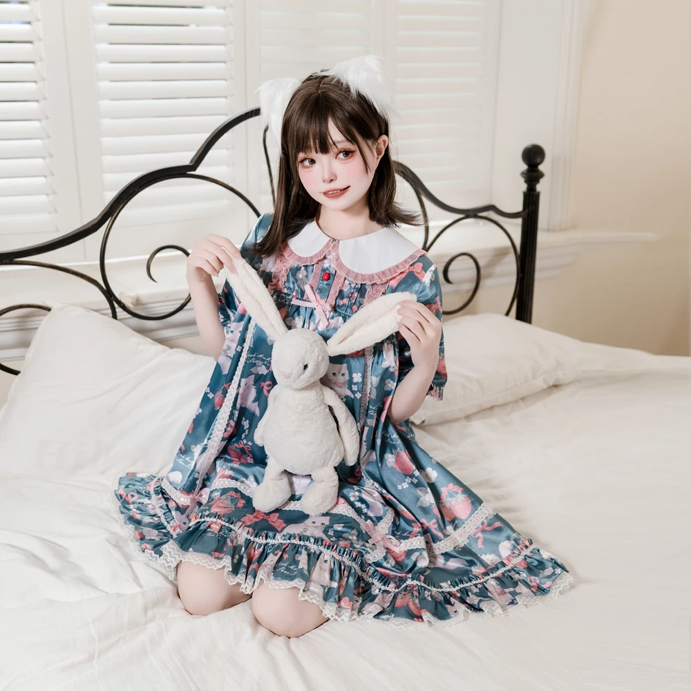 Pigiama originale Lolita Print Cute Doll Neck Summer Ice Feeling gonna in pizzo Sweetheart Ruffles Girlish Sleepwear sottile confortevole