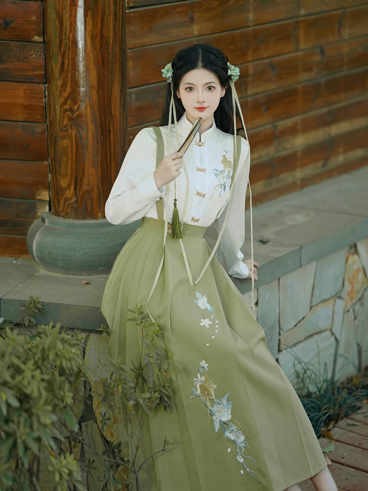 Chinese Style Retro Hanfu Set for Women Long Sleeve Embroidered Shirt+Grass  Green Skirt Suit for Elegant Vintage Spring Outfits - AliExpress 200000345