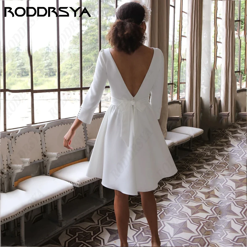 RODDRSYA Simple Scoop-Neck Satin Wedding Dresses For Women Suknia ślubna Elegant 3/4 Sleeve Bridal Party Lovely Bow Backless