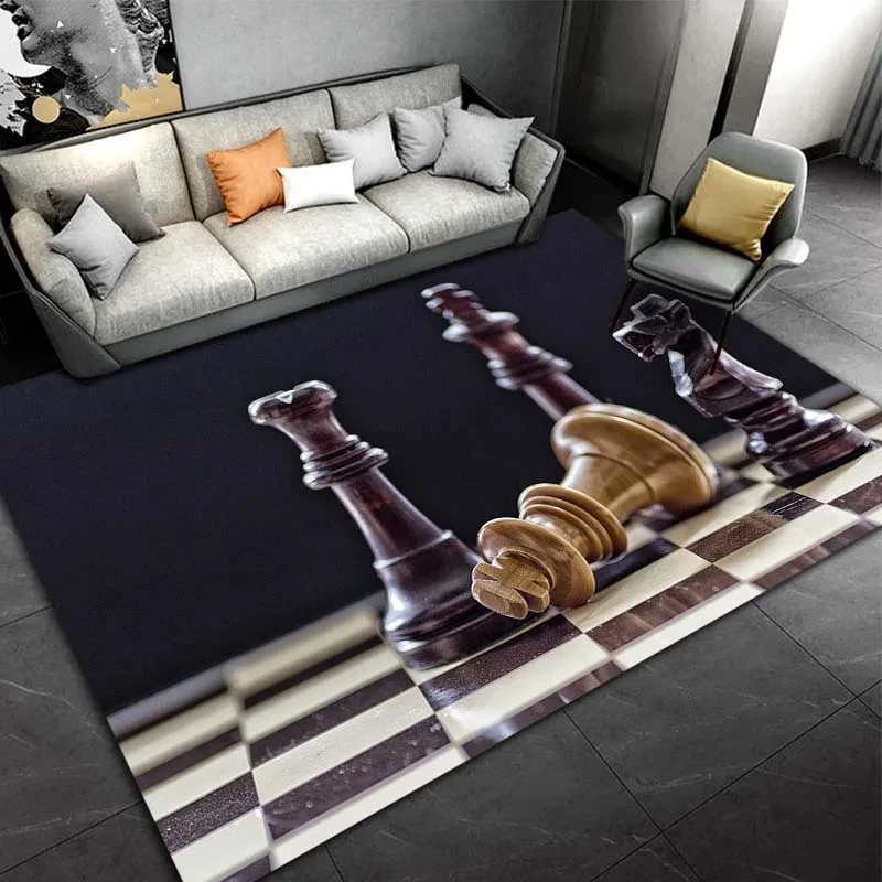 International Chess Chessboard Print Rectangle Carpet Area Rug Black and White Floor Mat Non-slip Rug for Home Entrance Decor