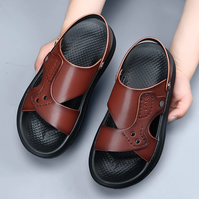 

Men Genuine Leather Sandals 2026 New Outdoor Wear Non-slip Summer Sandals Men Two-way Wearing Slippers Beach Shoes For Men