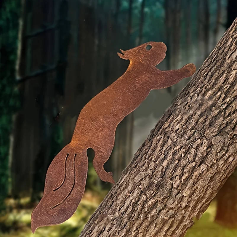 Rusted squirrel silhouettes decorated with metal stubs, iron inlays of branches on family garden terraces, Art Deco outdoor