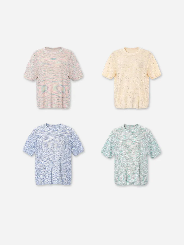 

April 9th plus Size Knitted Artistic round Neck Pearl Mesh Top Summer Casual Loose Fit Breathable Cotton Blend Women's T-shirt
