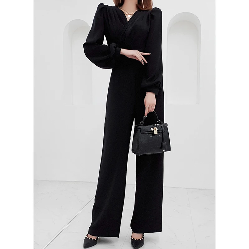 Jumpsuit ramping berlipat cantik kerah V baru musim gugur 2024 Fashion wanita kantor berpergian Jumpsuit warna Solid serbaguna