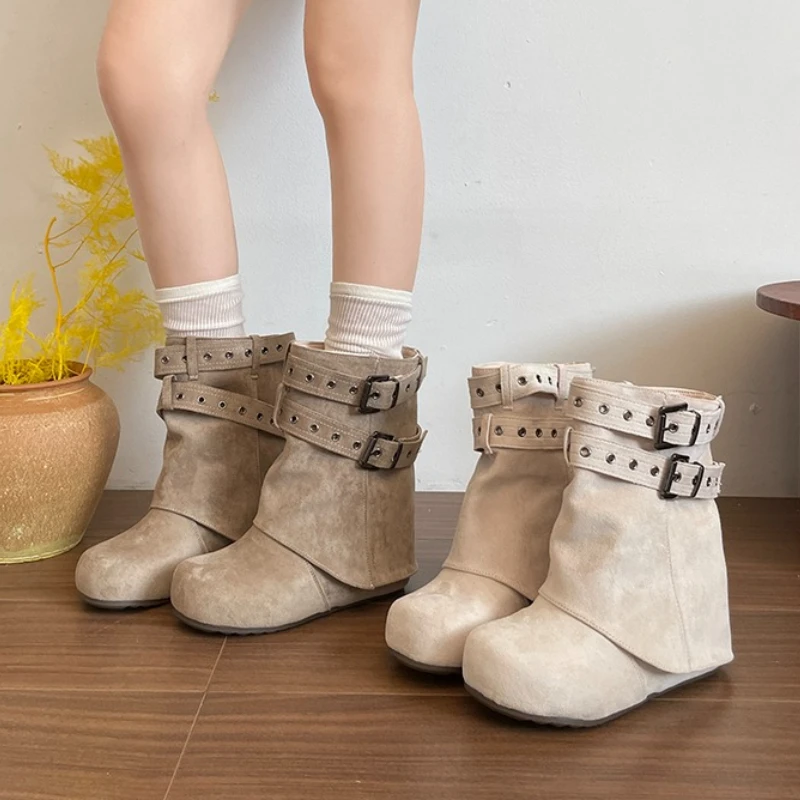 2026 New Women Ankle Boots Round Toe Side Metal Buckle Autumn Winter Casual Hidden Elevator Flat Mordern Short Booties