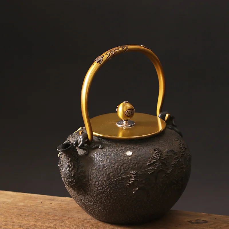 Japanese Gaoling Jinshutang Replica Turtle Wentang Dewaxing Tianshe Landscape Pattern Gold and Silver Inlaid Iron Pot Kettle