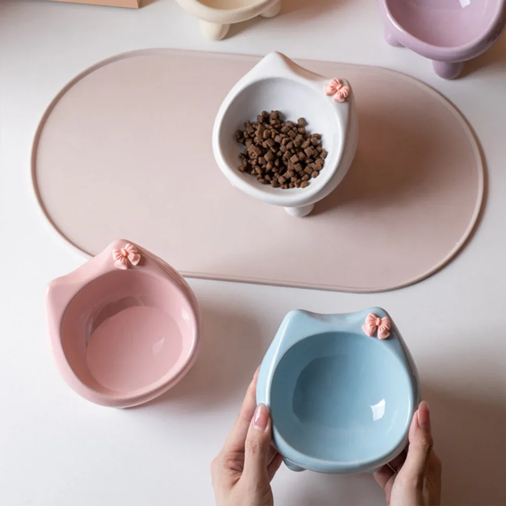 Cat And Dog Rice Bowl Pet Accessories Ceramic Diagonal High Feet Stable Cute Protection Cervical Spine Cat Dog Drinking Bowls ﻿