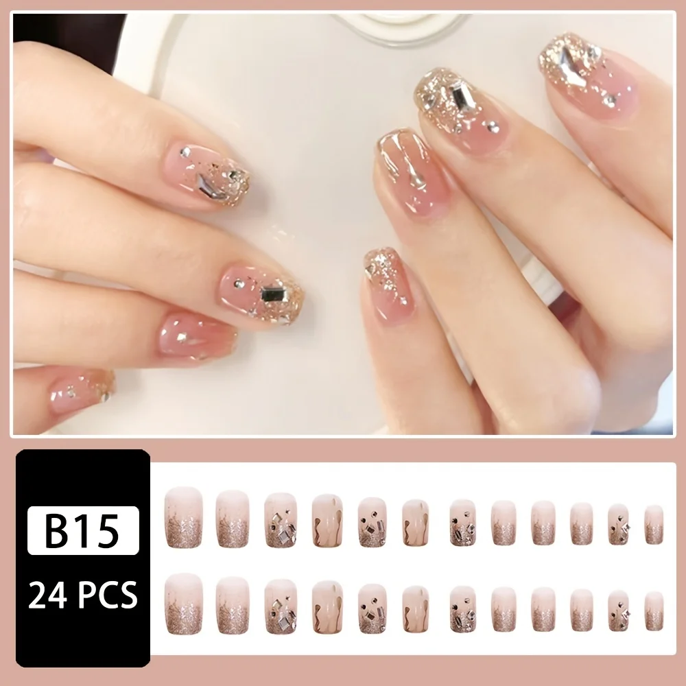 Chic & Easy 24Pc Short Press-On Acrylic Nails with Shiny Rhinestones - Includes Glue Stickers for Effortless Elegance