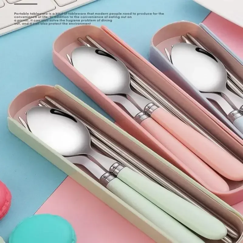 Vajilla portátil de acero inoxidable para estudiantes, fiambrera de viaje al aire libre, cuchara, tenedor, palillos, conjunto con estuche de almacenamiento, regalo para adultos