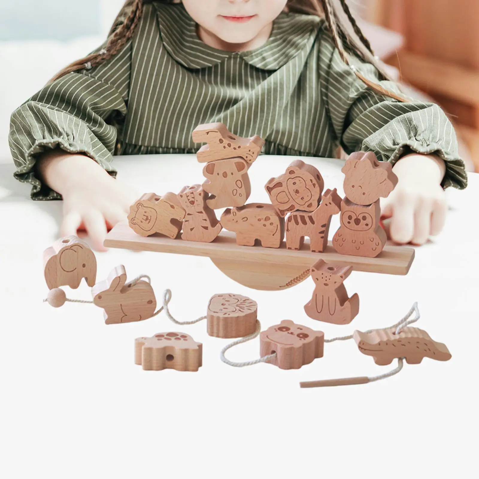 Wooden Animal Blocks Stacking Toy Early Development Smooth Surface Gifts Stringing Educational Threading for Boys Girls Birthday