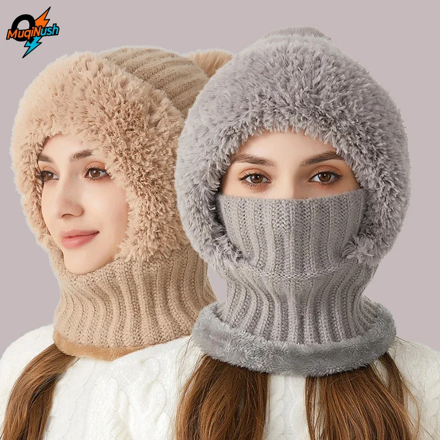 

MuqiNush 1 Piece Integrated Ear Protection Windproof Cap Scarf, Winter Warm Knitting Thick Guard Hat Scarf for Women Men