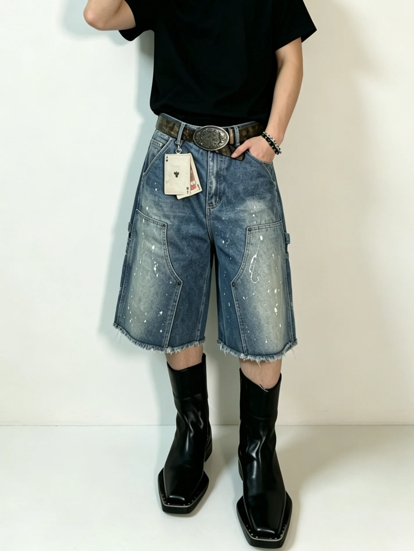 European and American Style Spring/Summer Men's Denim Shorts, Washed, Double-Knee, Loose Fit, Lumberjack Style, Splatter Paint, Vintage, Frayed Edges, Five-Point Workwear Shorts