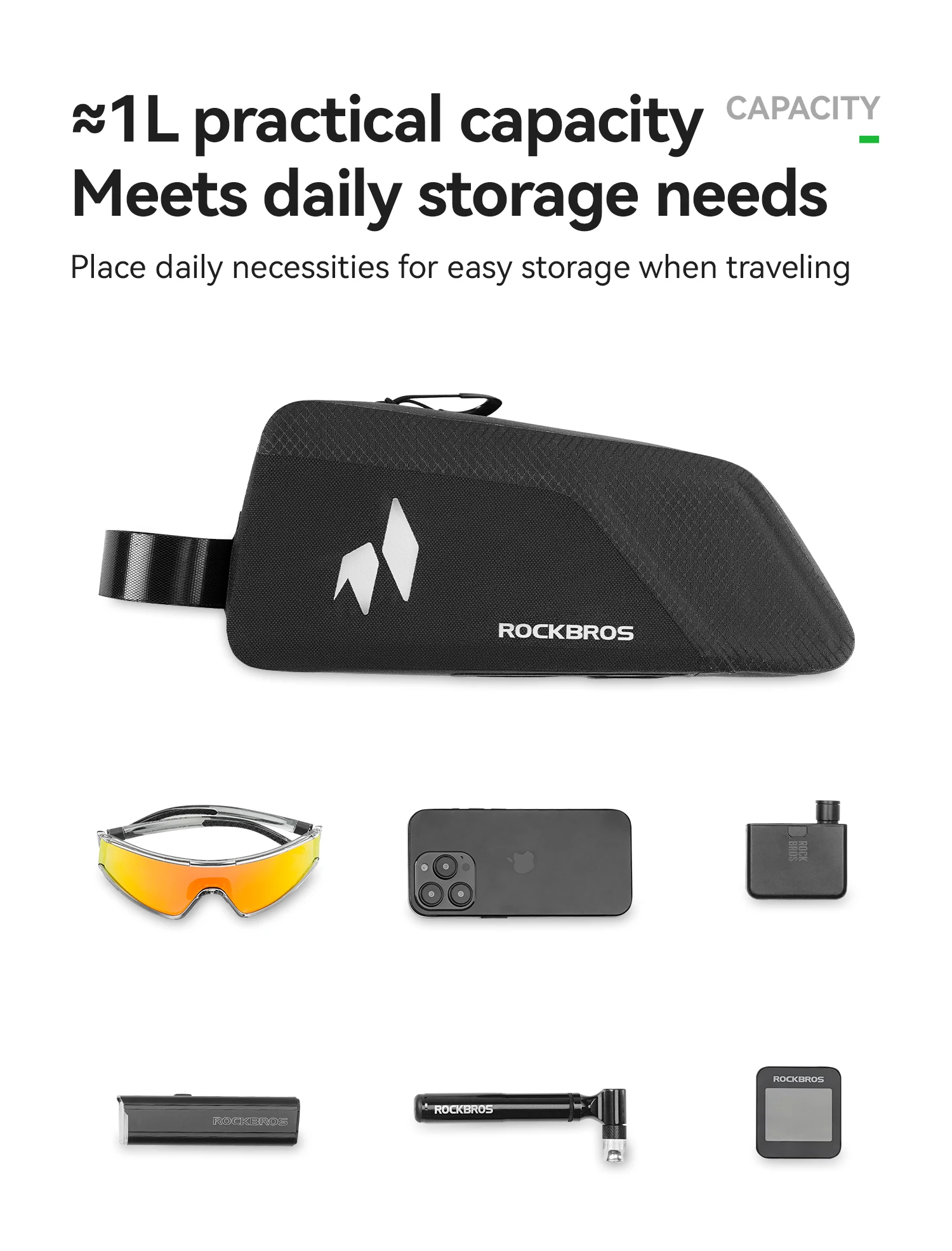 

ROCKBROS Fabric Waterproof Zipper Side Reflective Strip Bike Bag Bicycle Bag Waterproof Upper Tube Practical Capacity Nylon 1.0L