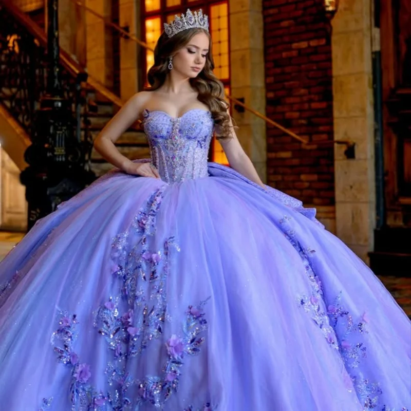 

Shiny Purple Quinceanera Dress glitter 3D flower crystal Decal Long tail Big Bow Vestidos De 15 Quinceanera ﻿Customize