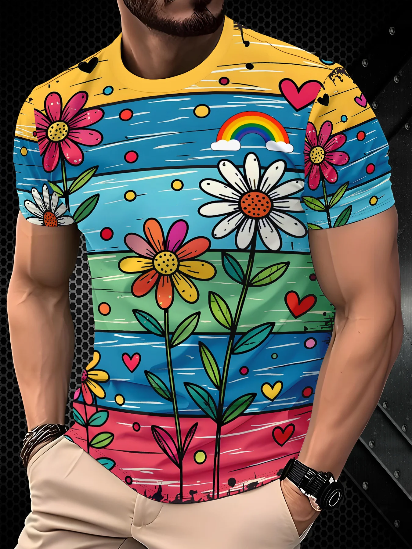 Men's Cartoon Daisy Rainbow Flower T-Shirt Graffiti Stripe Heart Crew Neck Short Sleeve