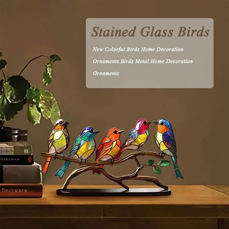 Stained Birds on Branch Desktop Ornaments Double Sided Multicolor Birds Alloy Ornaments Bird Series Acrylic Decoration 1pc