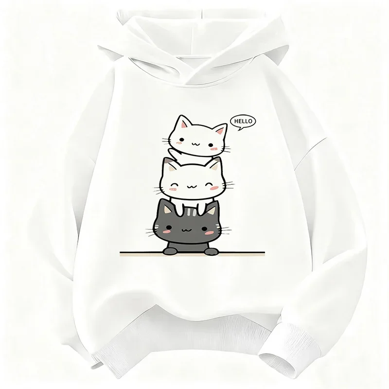 Katzen-Hoodie, süß, Kawaii, gestapelte Katzen, Hello Cartoon, minimalistisch, ästhetisch, Oversized, lässig, Sport-Sweatshirts für Kinder – Detail 8