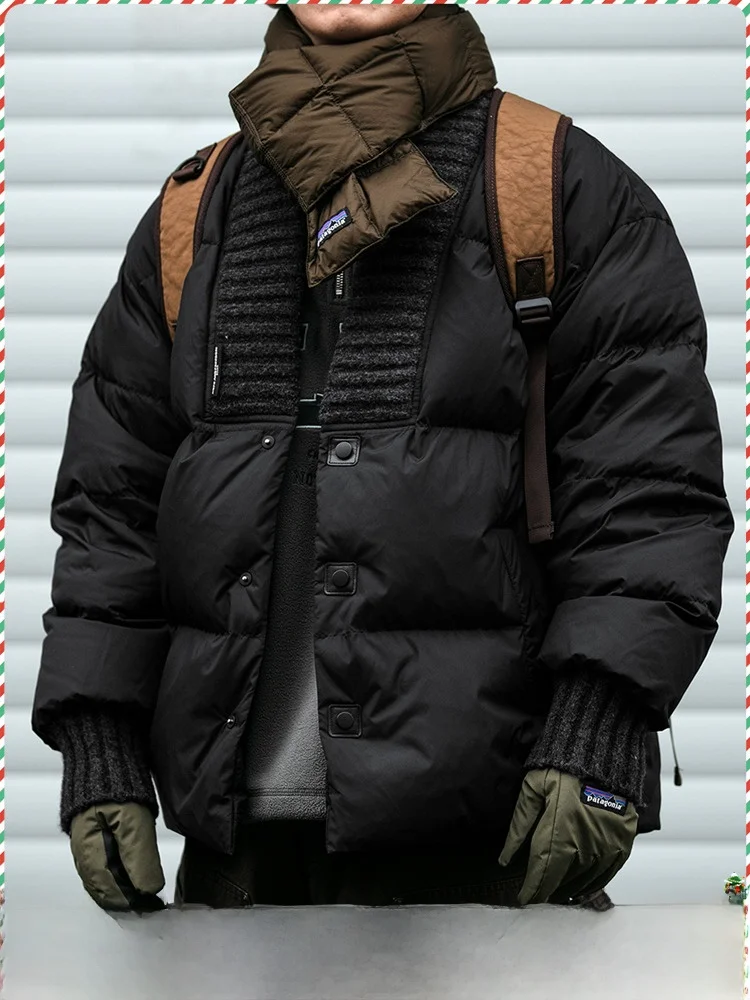 

Мужской утепленный белый пуховик-даопао с V-образным вырезом, вязаными вставками и элементами пэчворка, из полиэфирного волокна, для зимы, теплый, больших размеров