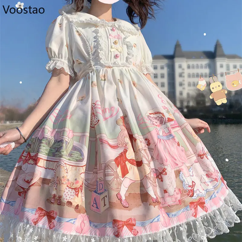 Japanische kawaii lolita Kleid Frauen süße Cartoon geheimen Garten drucken Tee Party Kleider Mädchen niedlichen Peter Pan Kragen Spitze Vestidos