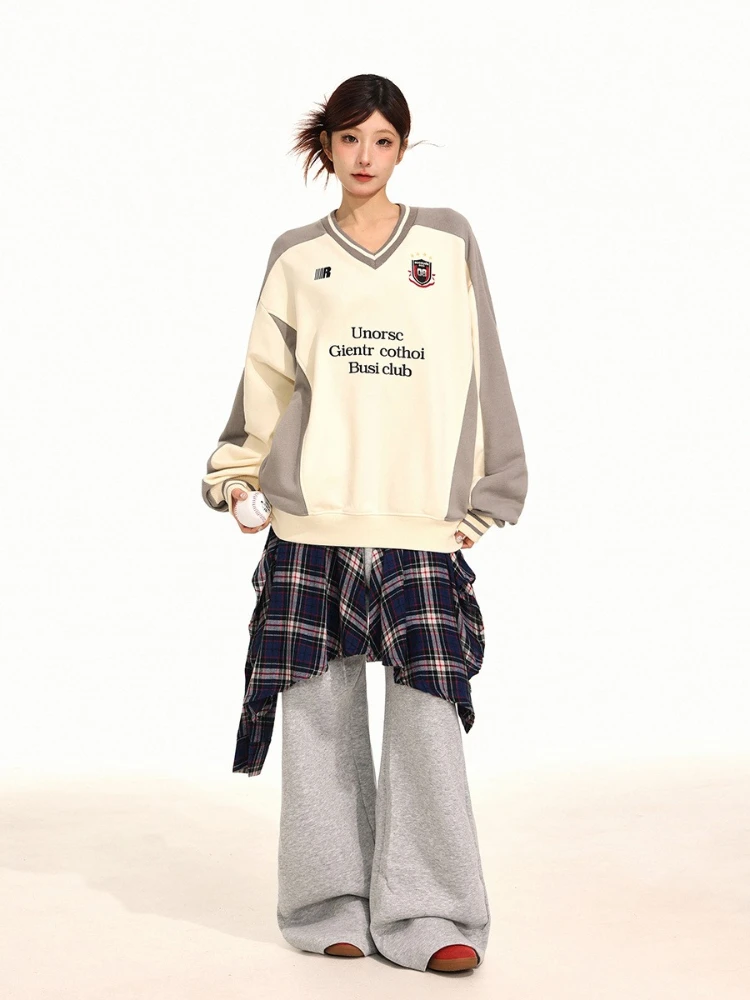 2026 Autumn US Retro Splice Check Skirt Hem Sweatpants Women Slouchy Drape Loose Slim Wide Leg Trousers