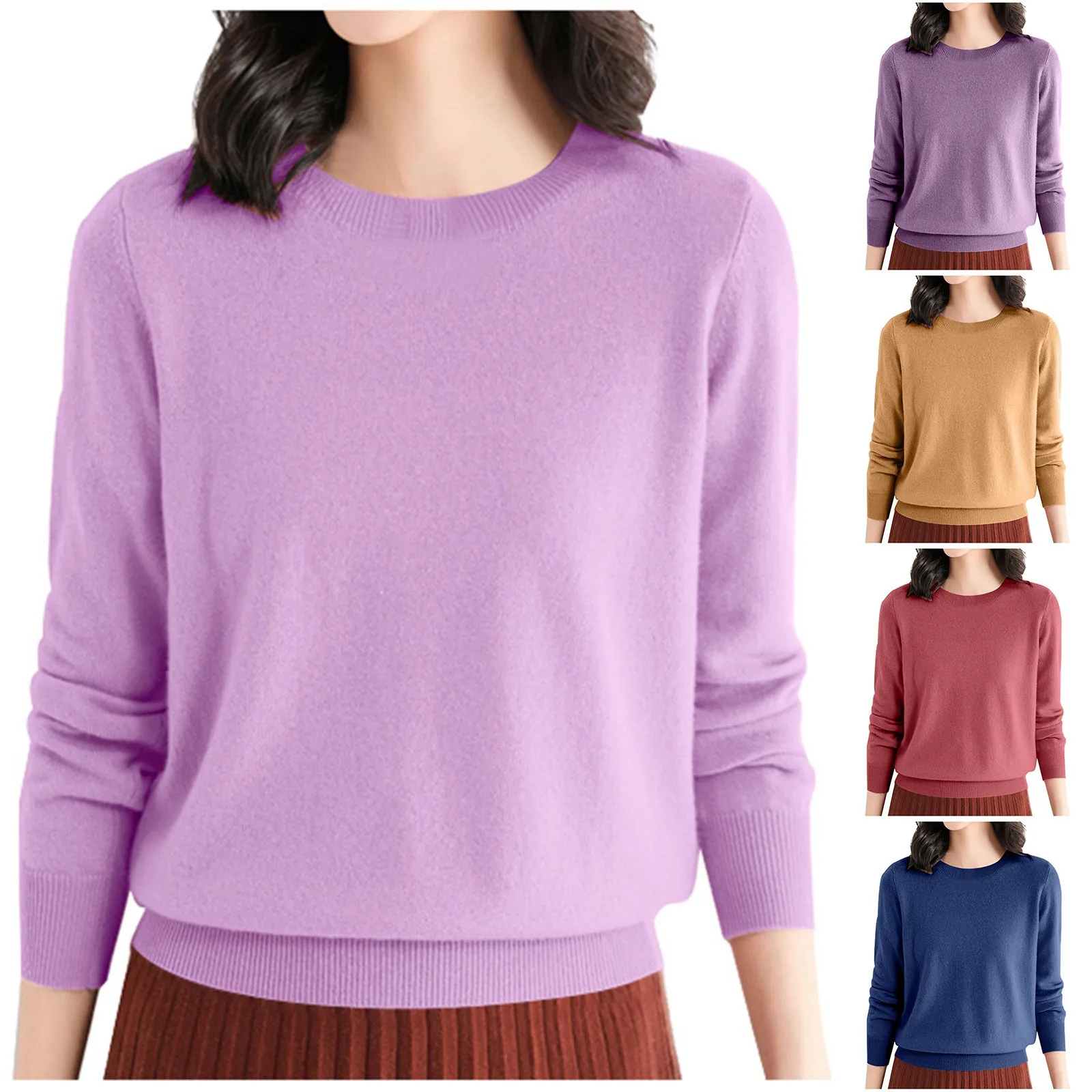 Korean Version Of Solid Color Simple Knit Women'S Sweater Crewneck Long Sleeve Warm Pullover Comfortable Cashmere Sweater