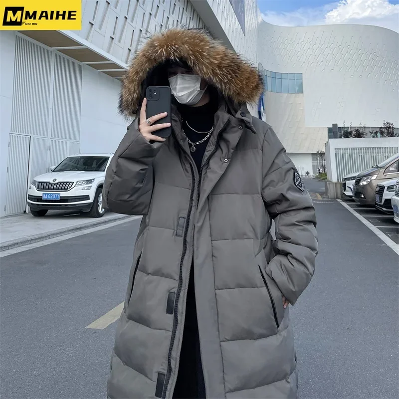 Men's winter long down jacket Kpop fashion thickened warm hooded down jacket parka outdoor windproof skiing white duck down coat