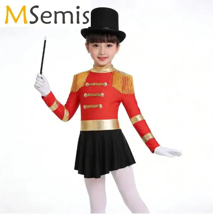 

Girls Circus Ringmaster Magician Costume Honour Guard Magician Cosplay Outfits Fringe Epaulet Jumpsuit Bodysuit Tulle Dress