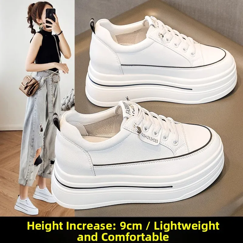 Women's Thick Bottom Platform Shoes Increased Height Internal Leather Casual Sneakers Spring Autumn Net Surface Small White S...