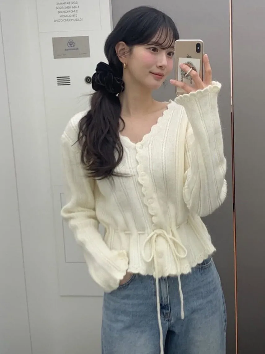 Chic V-Neck Knitted Open Cardigan with Drawstring Slimming Bell Sleeves for Women Autumn Winter Fashion Casual Street Style
