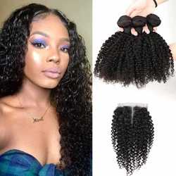 Mongolian Water Wave 3 Bundles with Closure Human Hair Bundles with Closure Loose Baby Deep Curly Hair Bundles 4x4 Lace Closure